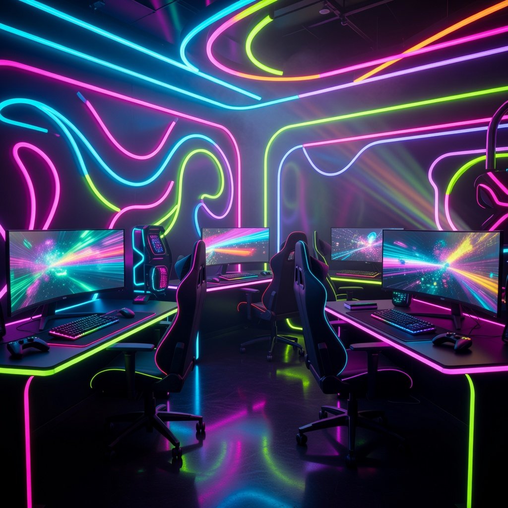 Colorful vibrant gaming environment with playful neon lights