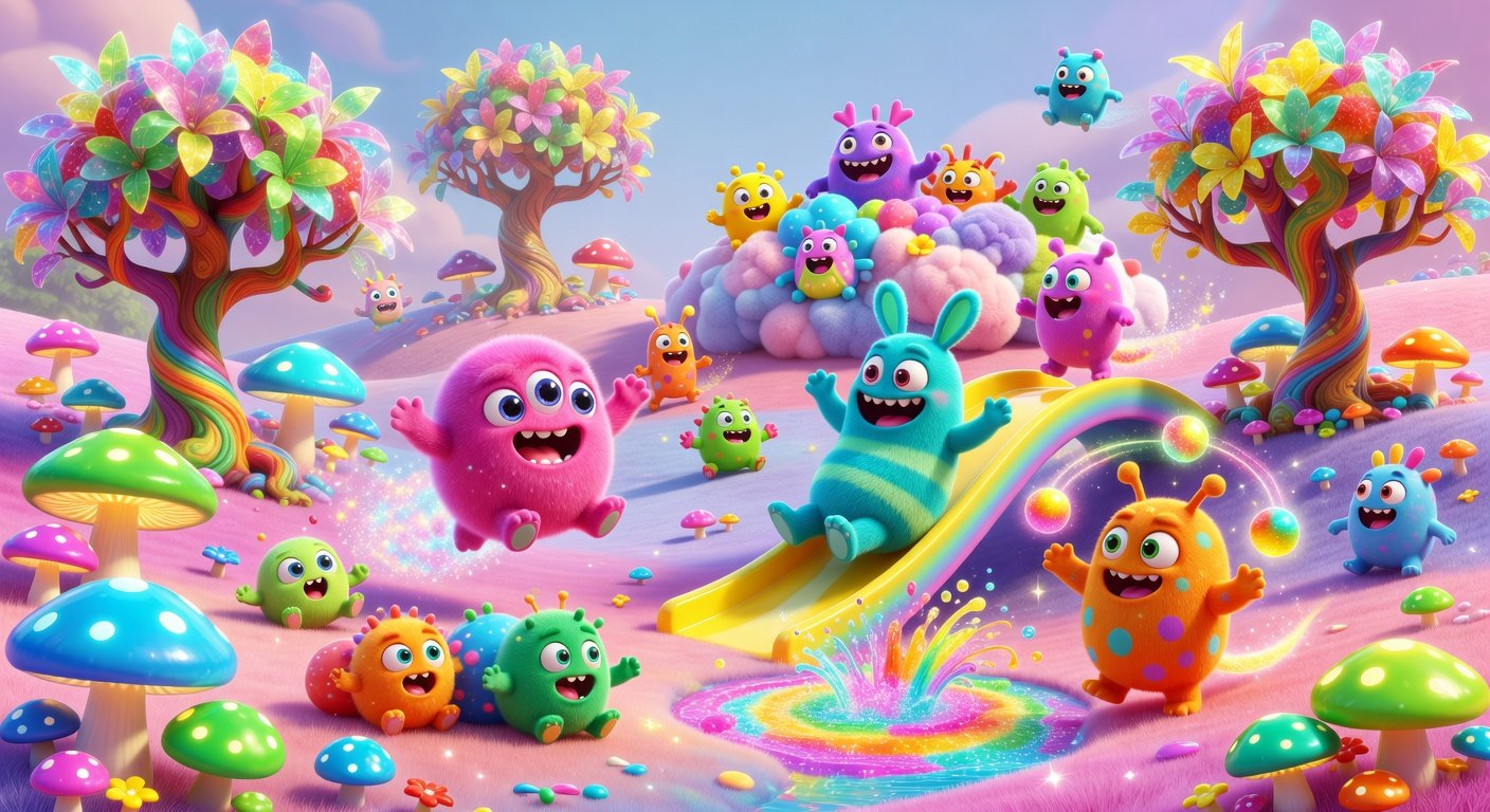 Cute colorful monsters in a playful vibrant environment with cartoon-style 3D graphics