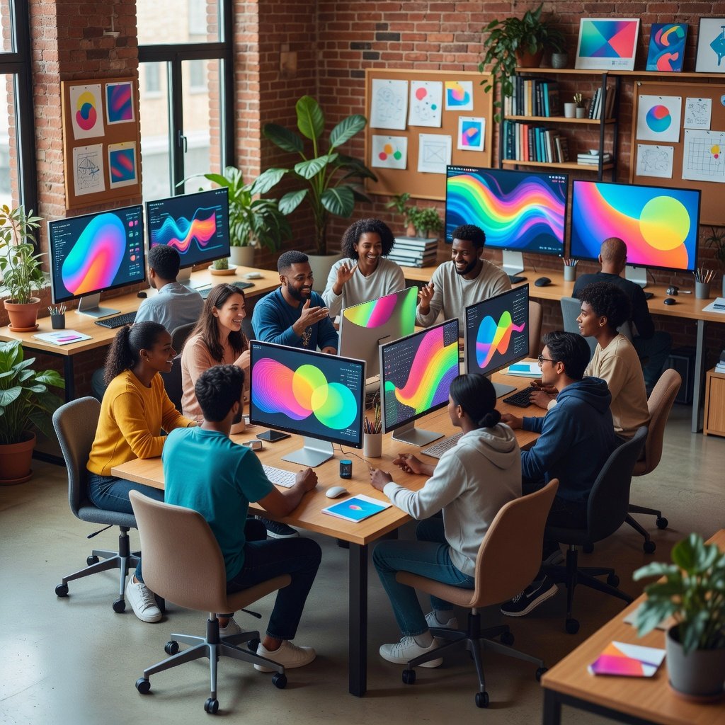 Fun modern workspace with colorful UI elements in a friendly creative environment