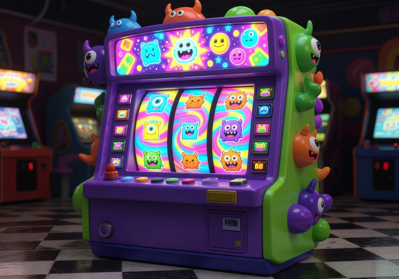 Monster themed slot machine with colorful reels and glowing fun UI in cartoon style