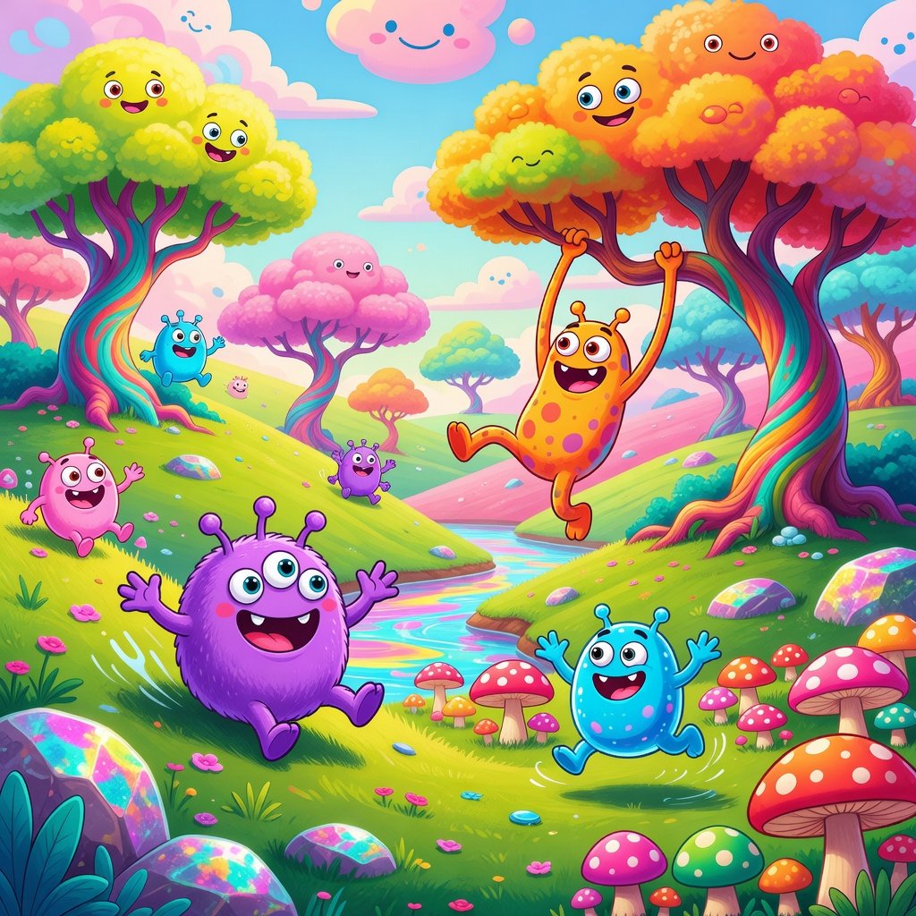 Playful monster world with a colorful cartoon-style landscape